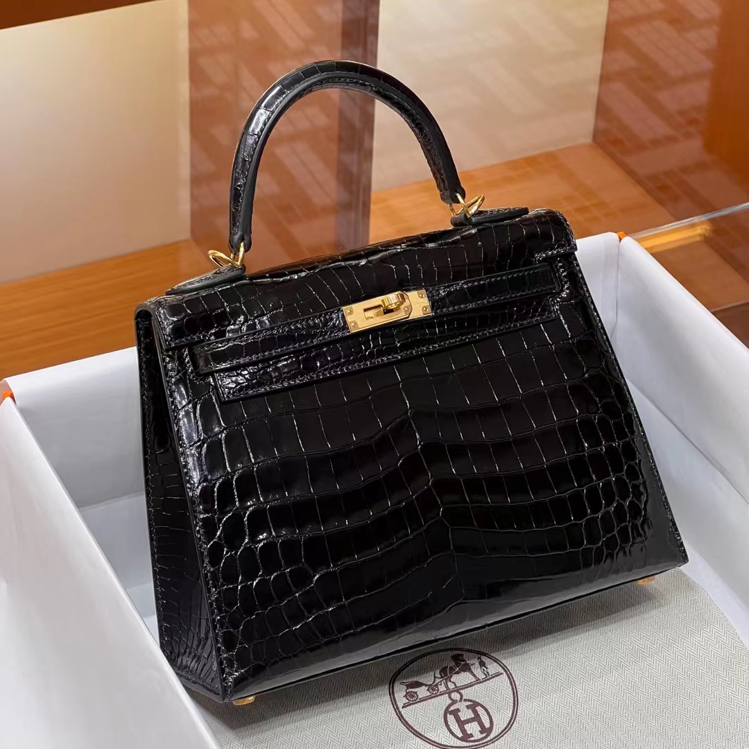 HERMES 爱马仕 Kelly 25/28cm 89 Nior 经典黑色 Alligator 美洲鳄 进口蜜蜡线 全手工制作 蜜蜡线内缝 Birkinmm 铂金女王