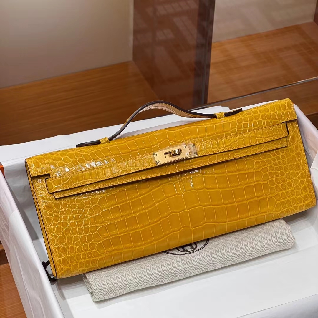 HERMES 爱马仕 KellyCut 31CM 9D 琥珀黄 Alligator 美洲鳄 进口蜜蜡线 全手工制作 蜜蜡线内缝 Birkinmm 铂金女王