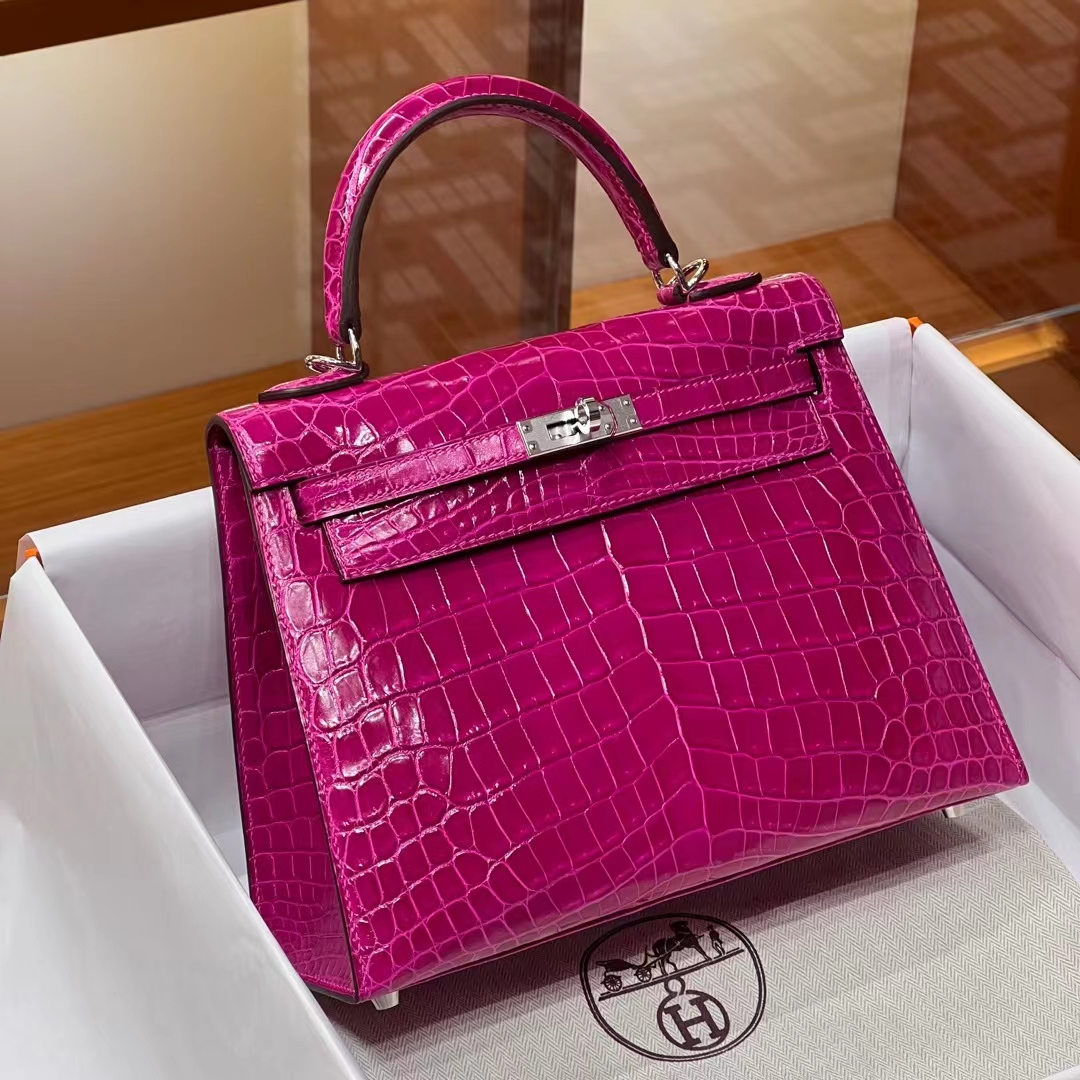 HERMES 爱马仕 Kelly 25/28cm 5J Fushsia悬铃花紫/天方夜谭紫 Alligator 美洲鳄 进口蜜蜡线 全手工制作 蜜蜡线内缝 Birkinmm 铂金女王