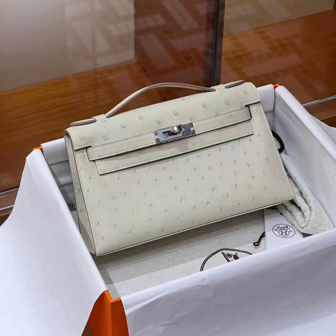 HERMES 爱马仕  MiniKelly 1 Ostrich 鸵鸟皮 80 Gris Perle 珍珠灰 进口蜜蜡线 全手工制作