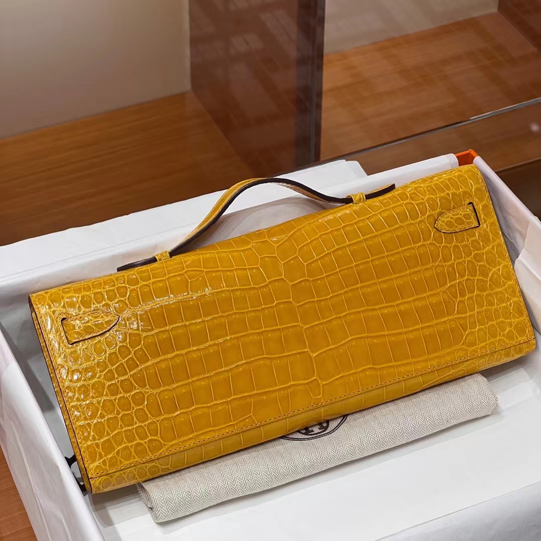 HERMES 爱马仕 KellyCut 31CM 9D 琥珀黄 Alligator 美洲鳄 进口蜜蜡线 全手工制作 蜜蜡线内缝 Birkinmm 铂金女王