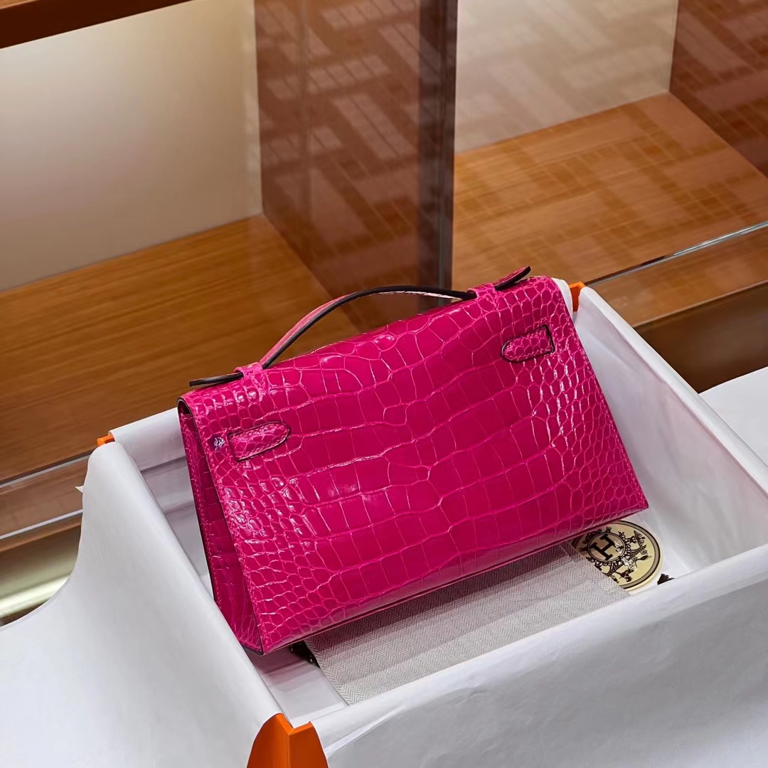 HERMES 爱马仕 MiniKelly 1 5J Fushsia 桃红色 Alligator 美洲鳄 进口蜜蜡线 全手工制作 蜜蜡线内缝 Birkinmm 铂金女王