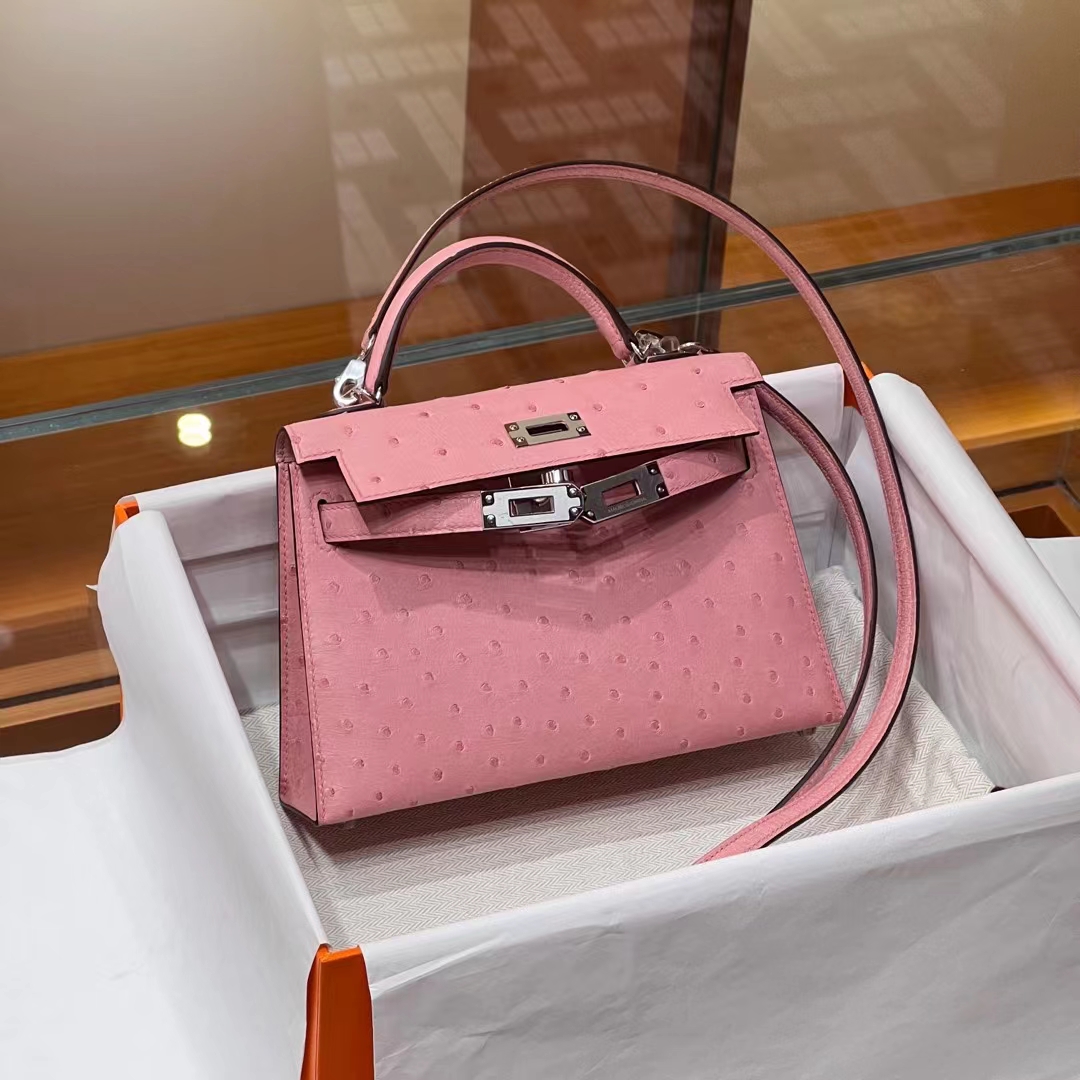 HERMES 爱马仕  MiniKelly 2 Ostrich 鸵鸟皮 94 陶瓷粉 进口蜜蜡线 全手工制作