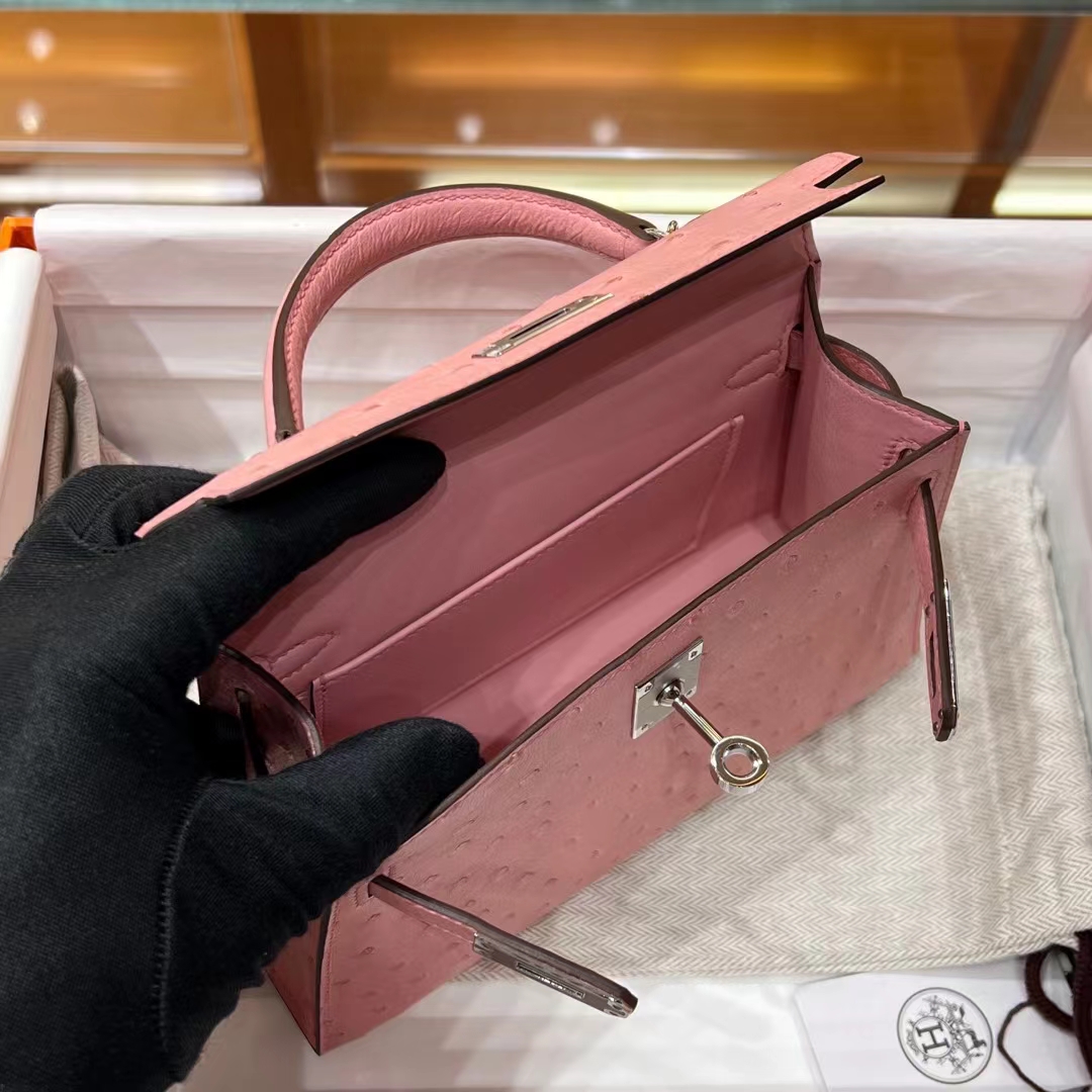 HERMES 爱马仕  MiniKelly 2 Ostrich 鸵鸟皮 94 陶瓷粉 进口蜜蜡线 全手工制作