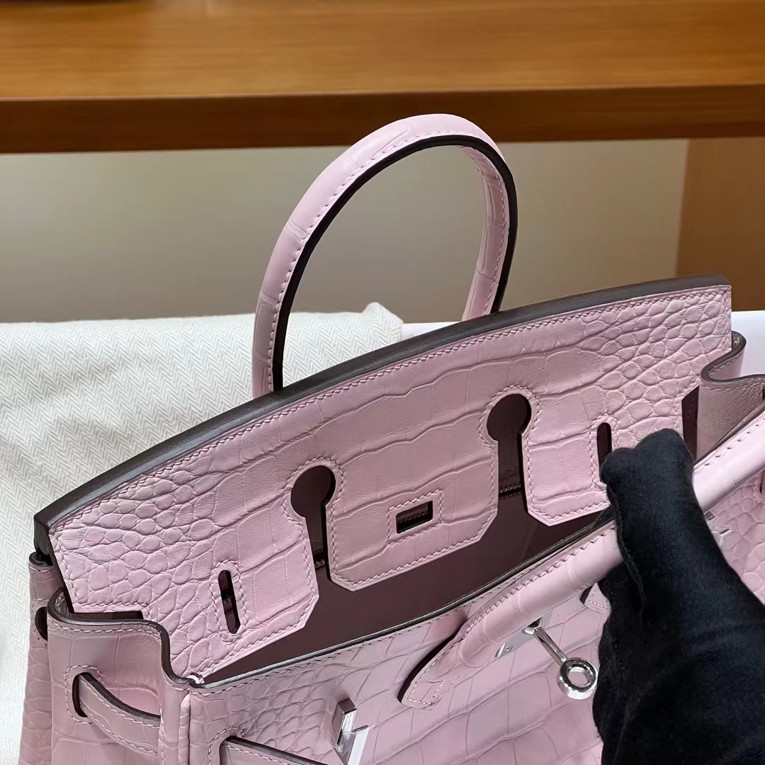 HERMES 爱马仕 Birkin 25CM 3Q 奶昔粉 Alligator 美洲鳄 进口蜜蜡线 全手工制作 蜜蜡线内缝 Birkinmm 铂金女王