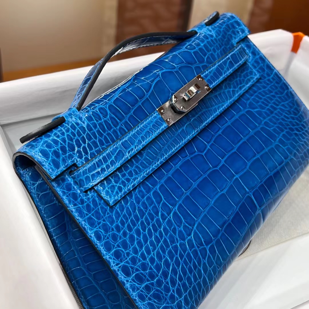 HERMES 爱马仕 MiniKelly 1 7W Bleu Izmir 伊玆密尔蓝 Alligator 美洲鳄 进口蜜蜡线 全手工制作 蜜蜡线内缝 Birkinmm 铂金女王