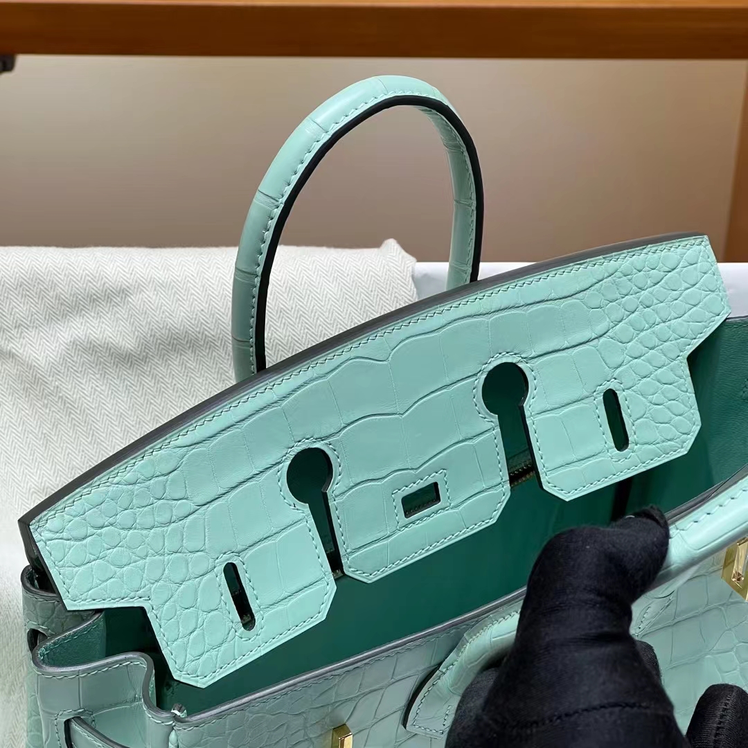 HERMES 爱马仕 Birkin 25CM 6W Menthe薄荷绿 Alligator 美洲鳄 进口蜜蜡线 全手工制作 蜜蜡线内缝 Birkinmm 铂金女王
