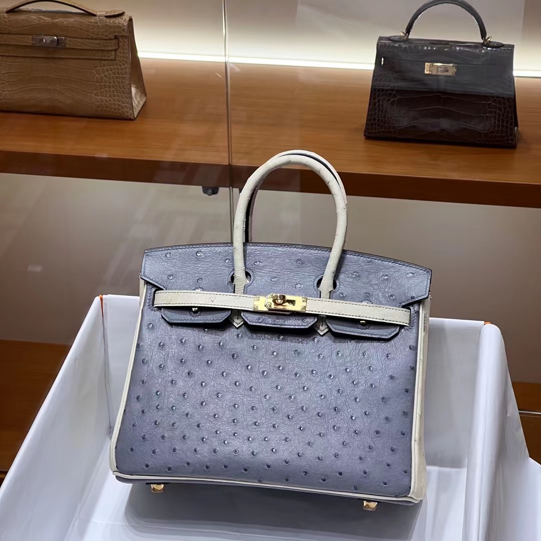 HERMES 爱马仕 Birkin 25CM Ostrich 鸵鸟皮 8U Bleu Glacler 冰川蓝 10 Craie粉笔白 进口蜜蜡线 全手工制作