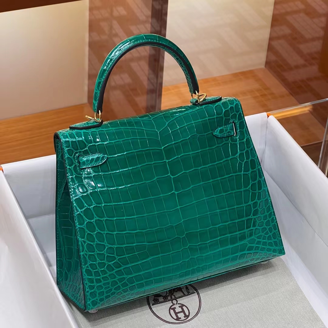 HERMES 爱马仕 Kelly 25/28cm 6Q Vert Emeraude宝石绿 Alligator 美洲鳄 进口蜜蜡线 全手工制作 蜜蜡线内缝 Birkinmm 铂金女王