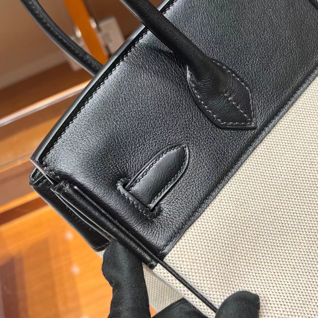 HERMES 爱马仕 Birkin 30CM 89 Nior 黑色 帆布拼Swift 进口蜜蜡线 全手工制作 蜜蜡线内缝 Birkinmm 铂金女王