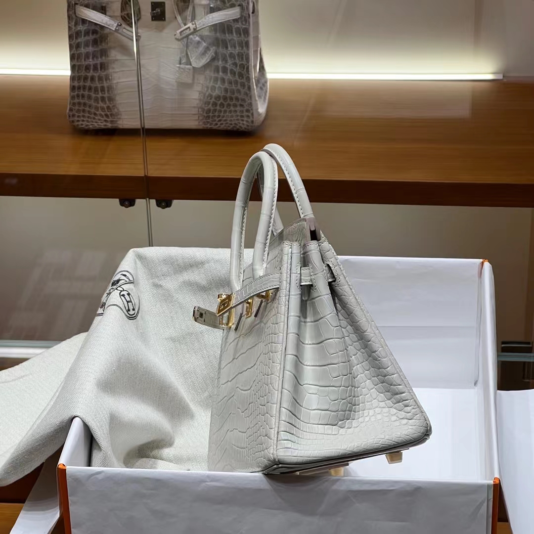 HERMES 爱马仕 Birkin 25CM 8L 冰川白 Alligator 美洲鳄 进口蜜蜡线 全手工制作 蜜蜡线内缝 Birkinmm 铂金女王