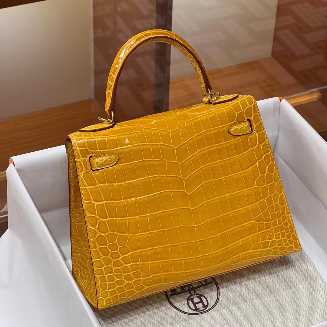 HERMES 爱马仕 Kelly 25/28cm 9D 琥珀黄 Alligator 美洲鳄 进口蜜蜡线 全手工制作 蜜蜡线内缝 Birkinmm 铂金女王