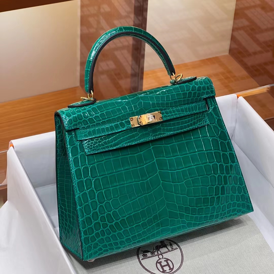 HERMES 爱马仕 Kelly 25/28cm 6Q Vert Emeraude宝石绿 Alligator 美洲鳄 进口蜜蜡线 全手工制作 蜜蜡线内缝 Birkinmm 铂金女王