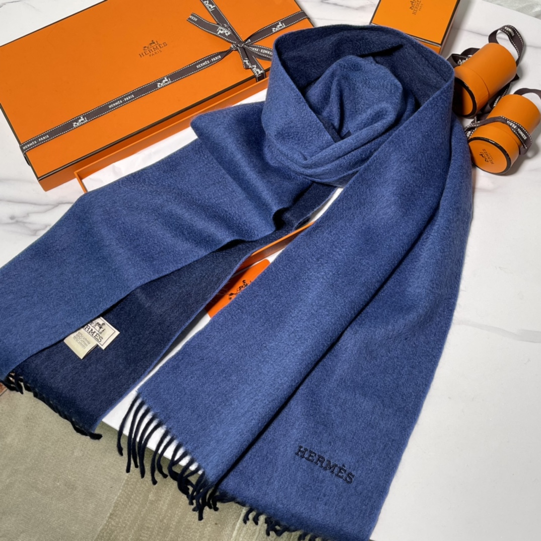 HERMES 爱马仕 秋冬新款羊绒围巾 宝蓝色 两用AB面 情侣款 男女通用 30*180cm 5A级纯羊绒 原版全套包装 Birkinmm 铂金女王