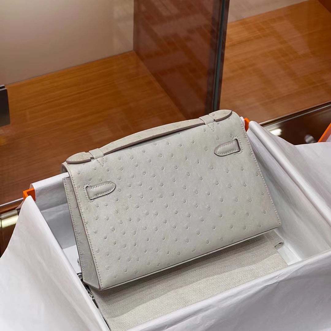 HERMES 爱马仕  MiniKelly 1 Ostrich 鸵鸟皮 8L Beton 冰川灰 进口蜜蜡线 全手工制作