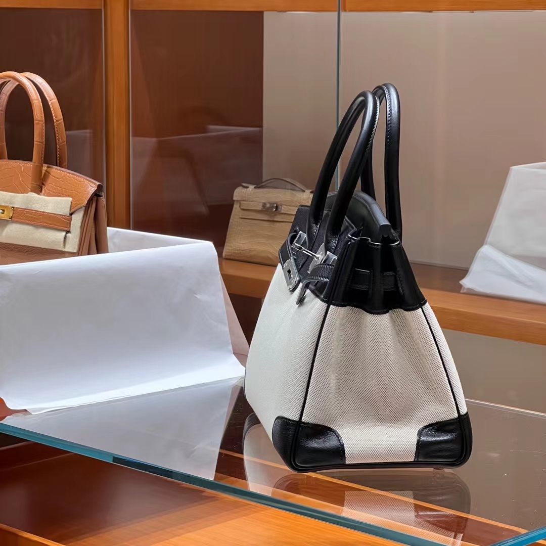 HERMES 爱马仕 Birkin 30CM 89 Nior 黑色 帆布拼Swift 进口蜜蜡线 全手工制作 蜜蜡线内缝 Birkinmm 铂金女王