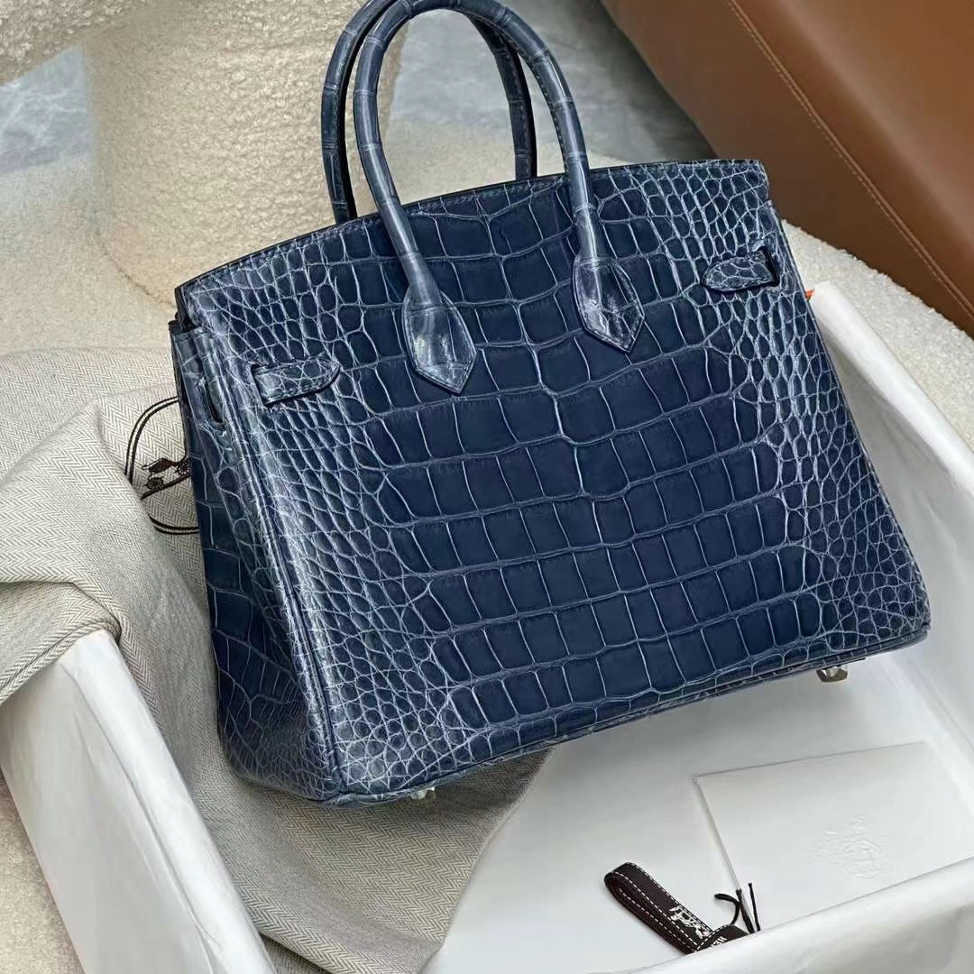HERMES 爱马仕 铂金包 Birkin 25CM Alligator 美洲鳄 N7 Bleu Tempete风暴蓝 进口蜜蜡线 全手工制作