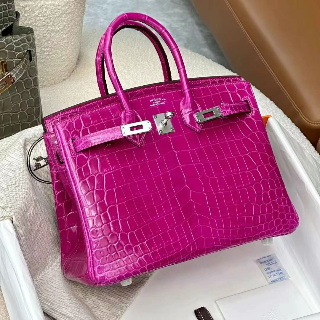 HERMES 爱马仕 铂金包 Birkin 25CM Alligator 美洲鳄 5J Fushsia悬铃花紫/桃红色 进口蜜蜡线 全手工制作
