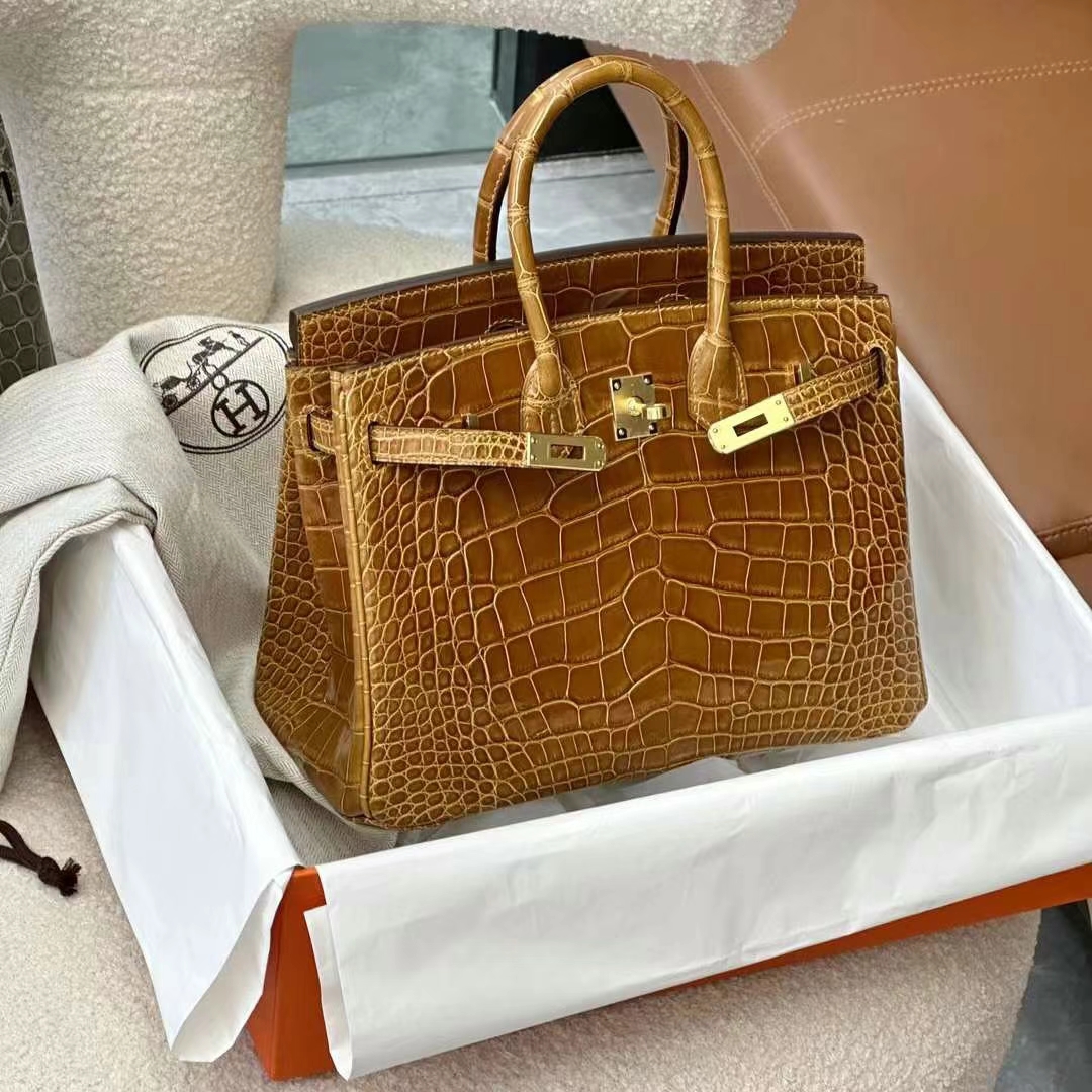 HERMES 爱马仕 铂金包 Birkin 25CM Alligator 美洲鳄 28 Caremel焦糖色 进口蜜蜡线 全手工制作