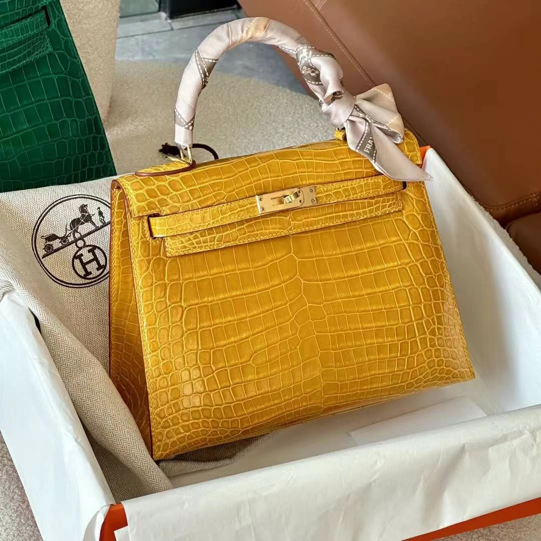HERMES 爱马仕 Kelly 25CM Alligator 美洲鳄 9D 琥珀黄 进口蜜蜡线 全手工制作