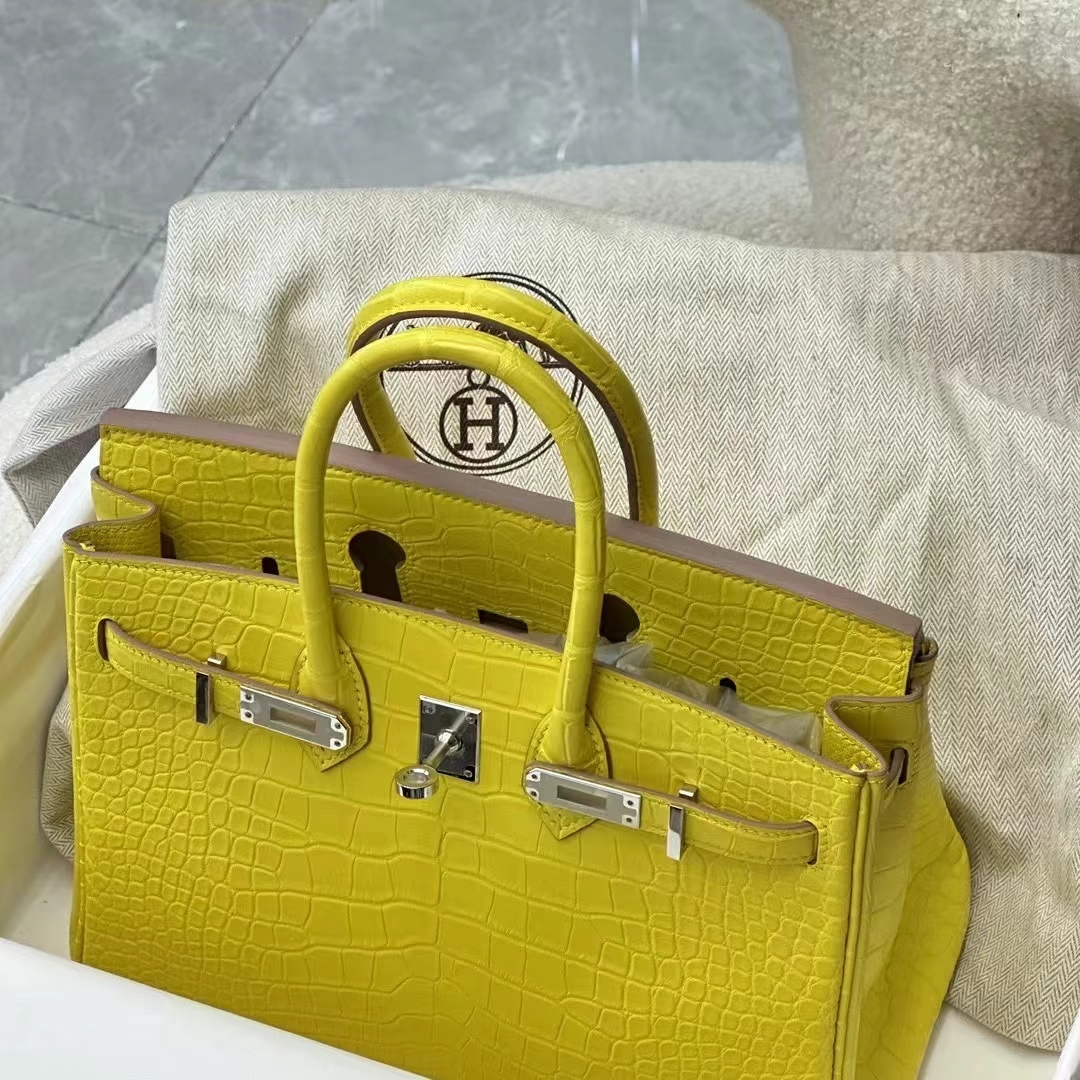 HERMES 爱马仕 Birkin 25CM Alligator 美洲鳄 9N Citron 柠檬黄 进口蜜蜡线 全手工制作