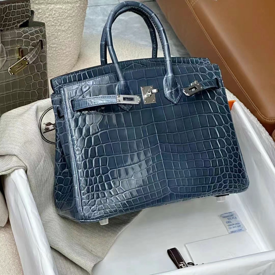 HERMES 爱马仕 铂金包 Birkin 25CM Alligator 美洲鳄 N7 Bleu Tempete风暴蓝 进口蜜蜡线 全手工制作