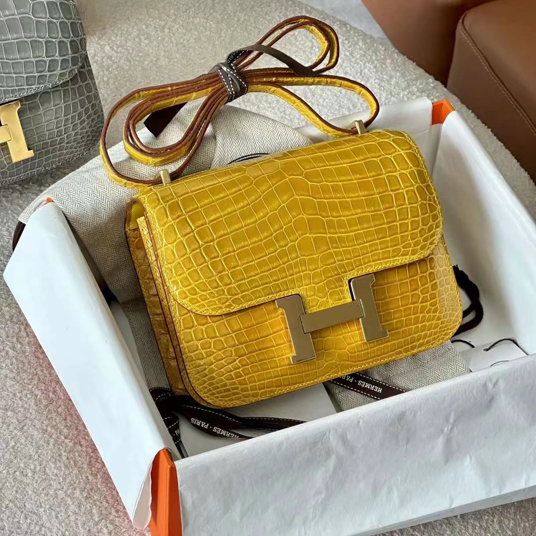 HERMES 爱马仕 Constance 19CM Alligator 美洲鳄 9D 琥珀黄 进口蜜蜡线 全手工制作