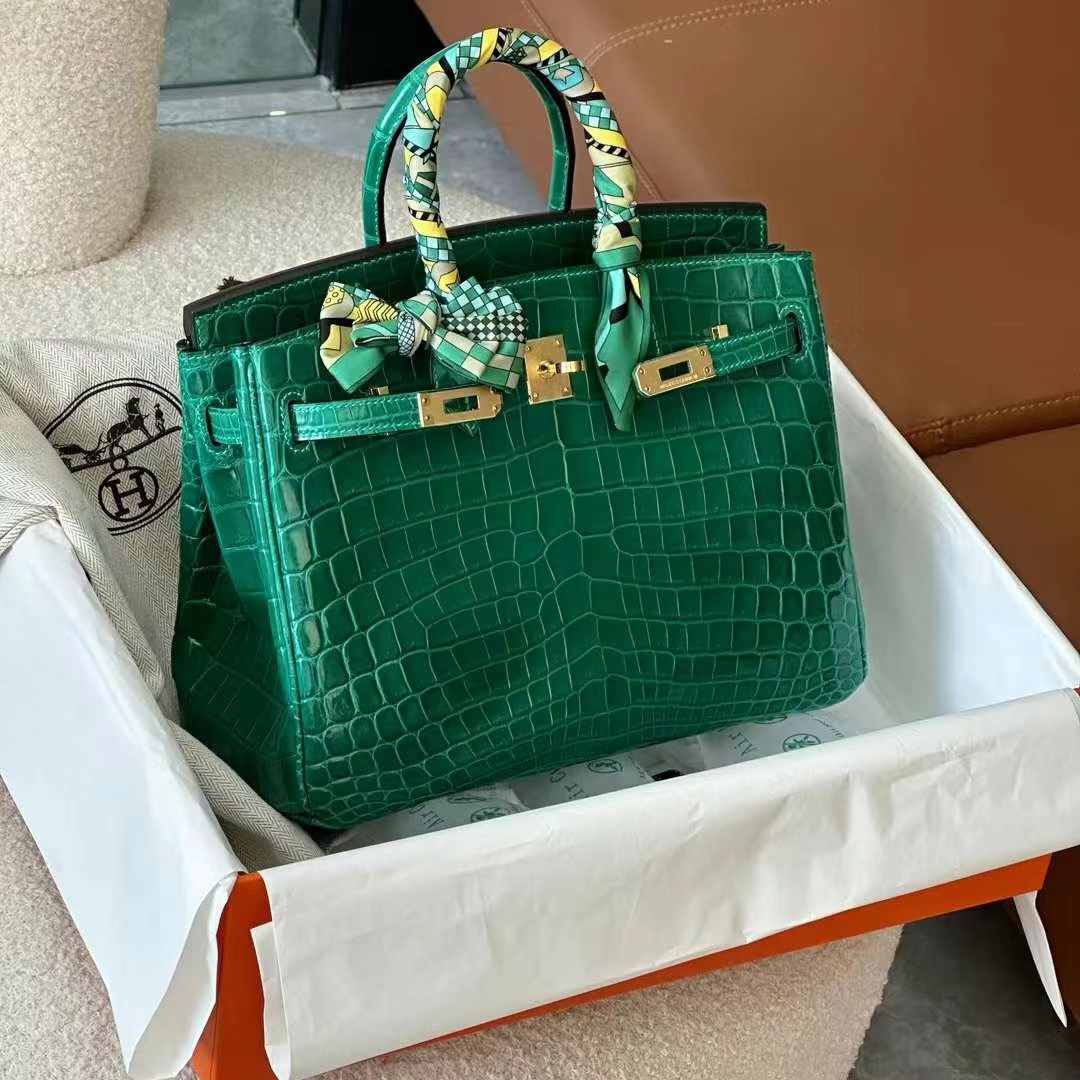 HERMES 爱马仕 铂金包 Birkin 25CM Alligator 美洲鳄 6Q Vert Emeraude 翡翠绿 进口蜜蜡线 全手工制作