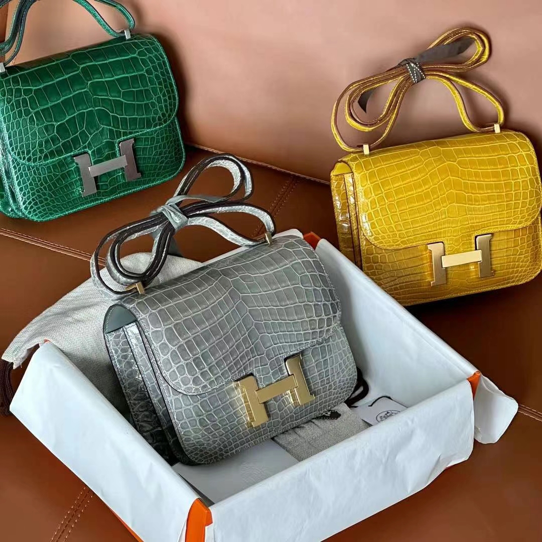 HERMES 爱马仕 Constance 19CM Alligator 美洲鳄 67 Vert Fonce 祖母绿 9D 琥珀黄 80 Gris Perle 珍珠灰 进口蜜蜡线 全手工制作