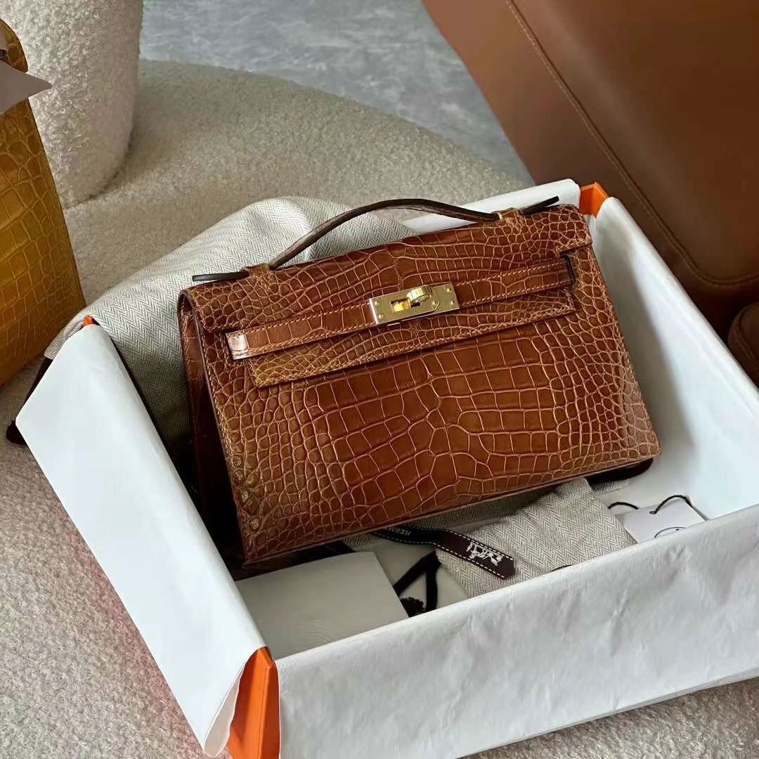 HERMES 爱马仕 【现货】 MiniKelly 1 CK37 金棕色 Alligator 美洲鳄 现货 进口蜜蜡线 全手工制作