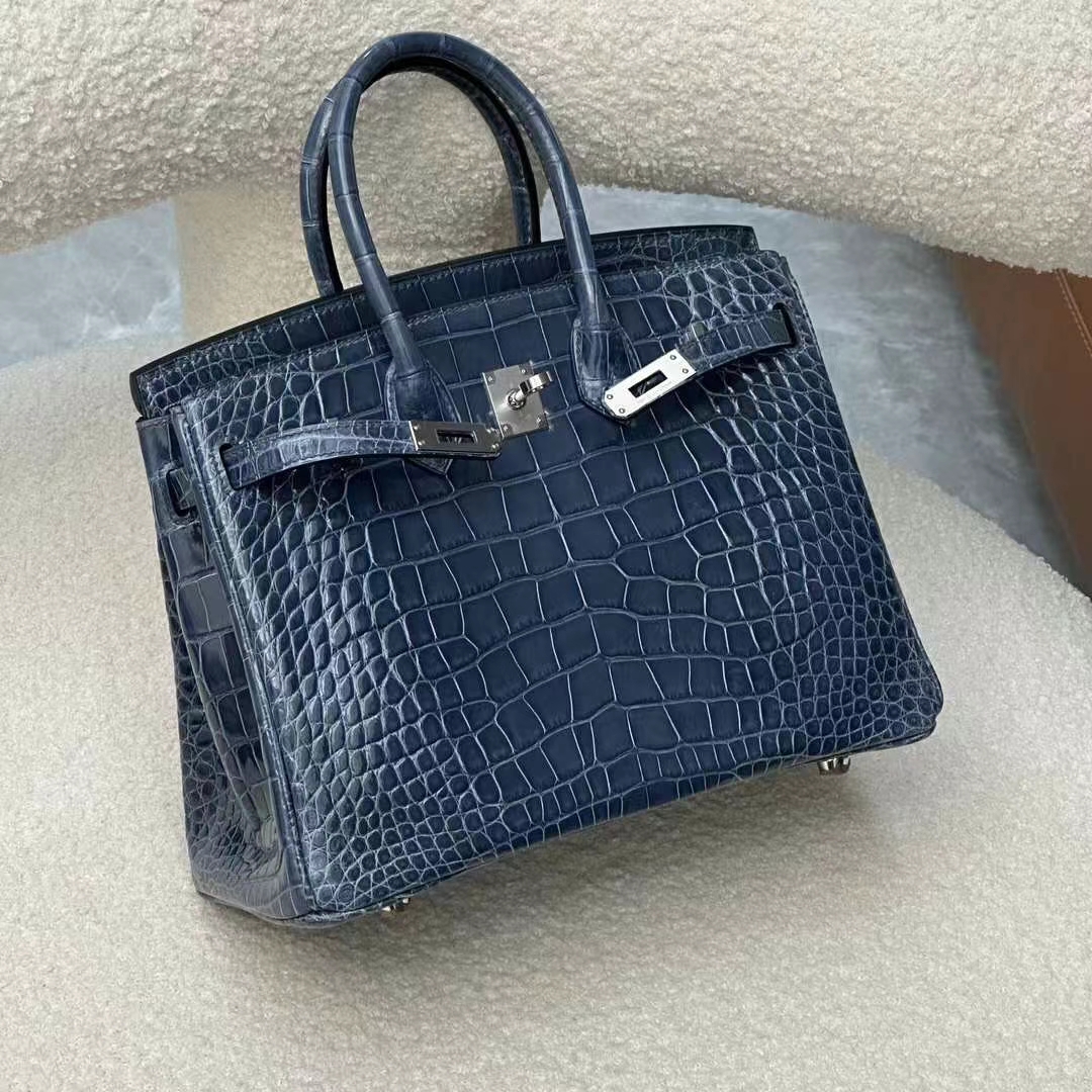 HERMES 爱马仕 铂金包 Birkin 25CM Alligator 美洲鳄 N7 Bleu Tempete风暴蓝 进口蜜蜡线 全手工制作