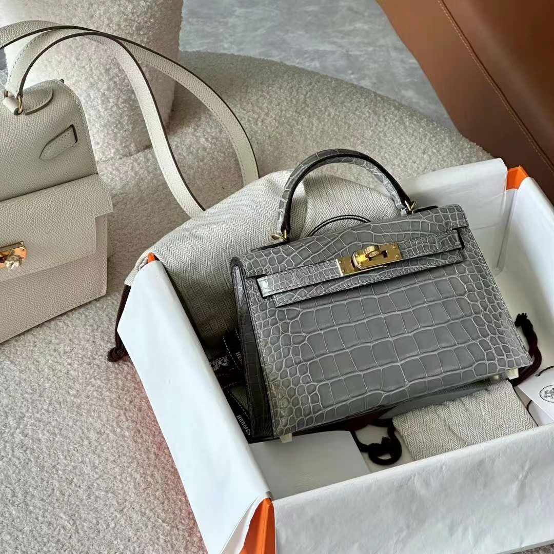 HERMES 爱马仕 【现货】 MiniKelly 2 80 Gris Perle 珍珠灰 Alligator 美洲鳄 现货 进口蜜蜡线 全手工制作