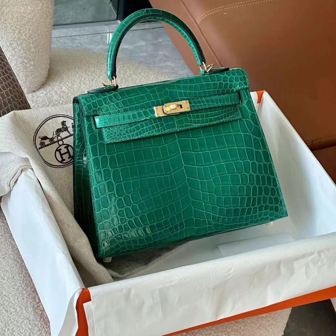 HERMES 爱马仕 Kelly 25CM Alligator 美洲鳄 6Q Vert Emeraude 翡翠绿 进口蜜蜡线 全手工制作