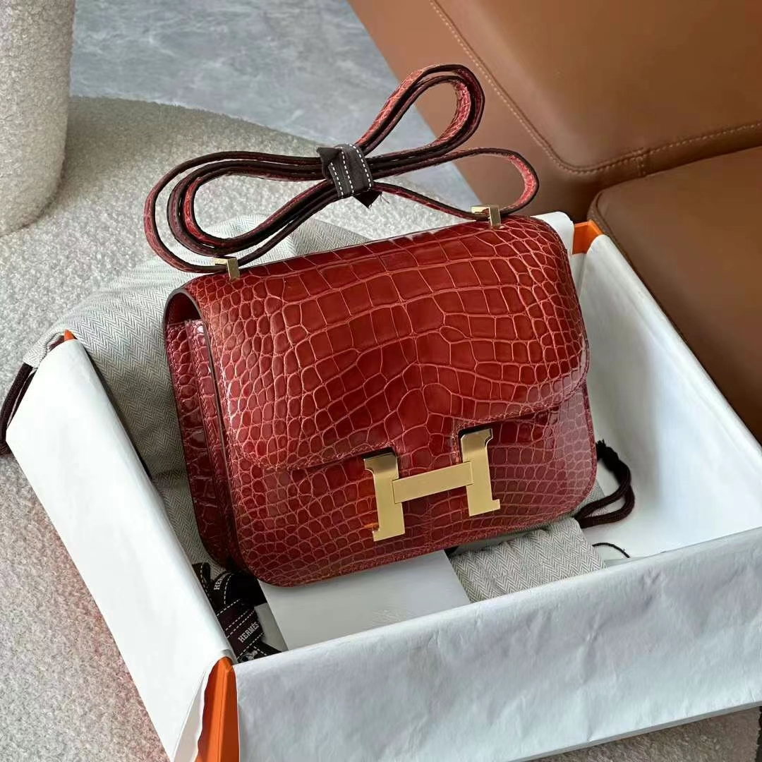HERMES 爱马仕 Constance 19CM Alligator 美洲鳄 55 Rouge H爱马仕红 进口蜜蜡线 全手工制作