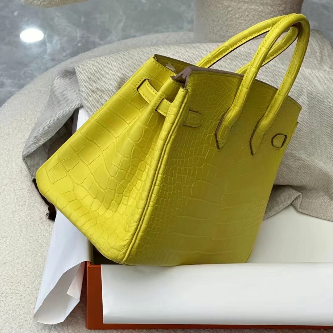 HERMES 爱马仕 Birkin 25CM Alligator 美洲鳄 9N Citron 柠檬黄 进口蜜蜡线 全手工制作