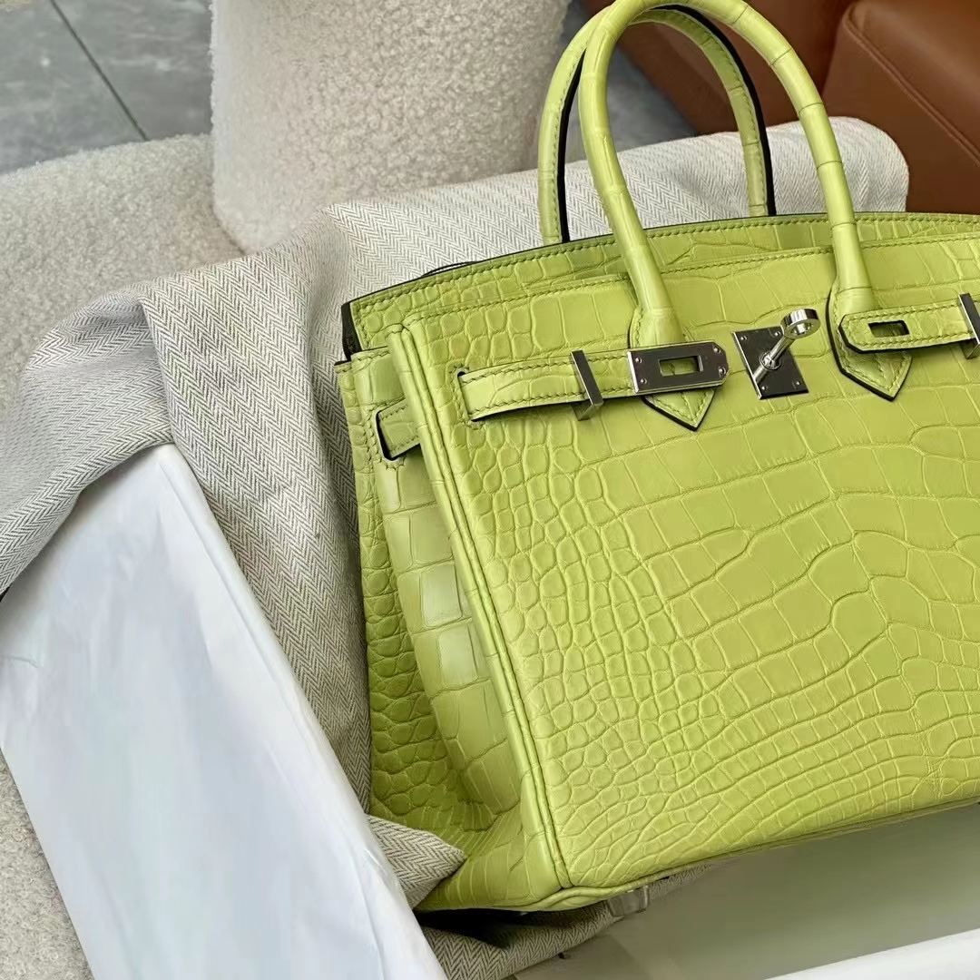 HERMES 爱马仕 Birkin 25CM Alligator 美洲鳄 9R Lime 青柠色 进口蜜蜡线 全手工制作
