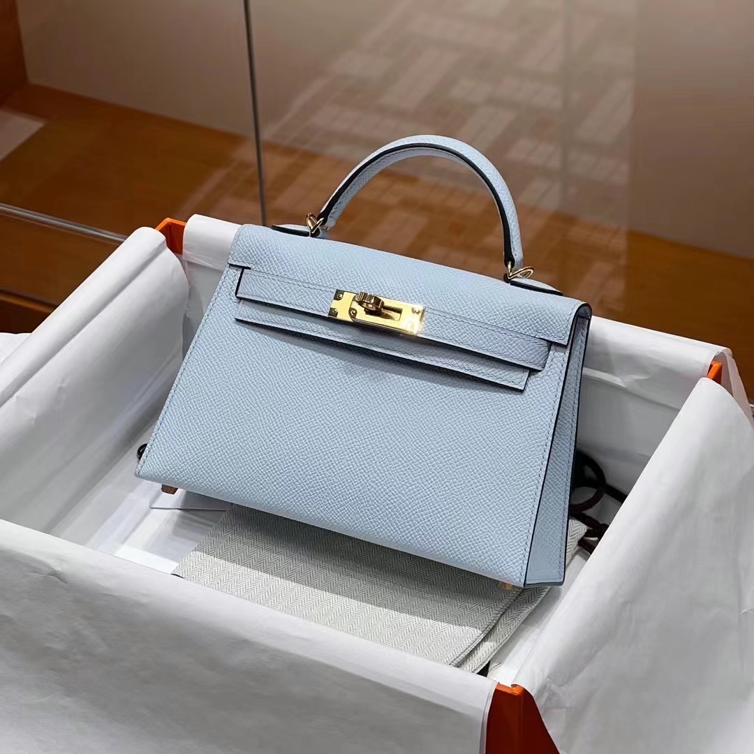 HERMES 爱马仕 MiniKelly 2 Epsom J7 Bleu Un亚麻蓝 进口蜜蜡线 全手工制作