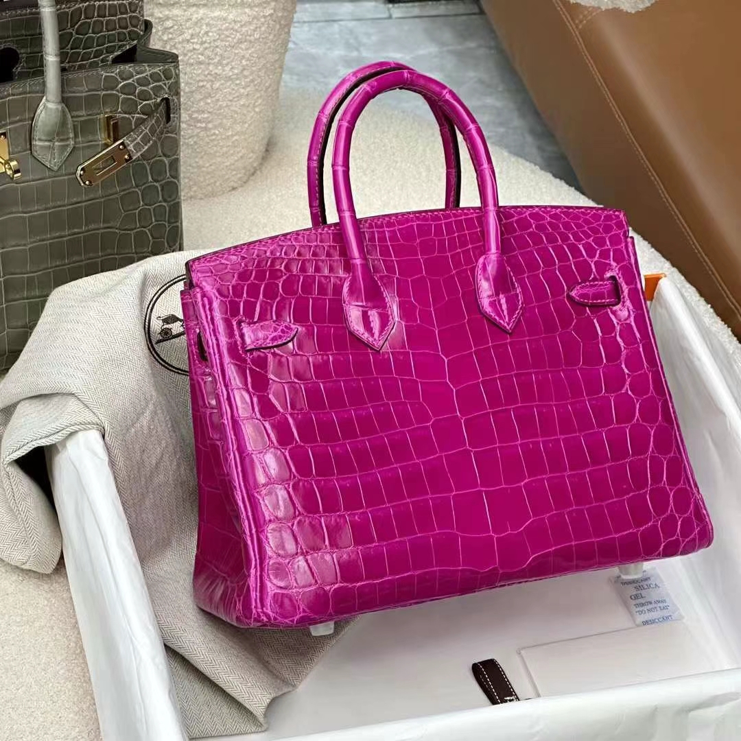 HERMES 爱马仕 铂金包 Birkin 25CM Alligator 美洲鳄 5J Fushsia悬铃花紫/桃红色 进口蜜蜡线 全手工制作