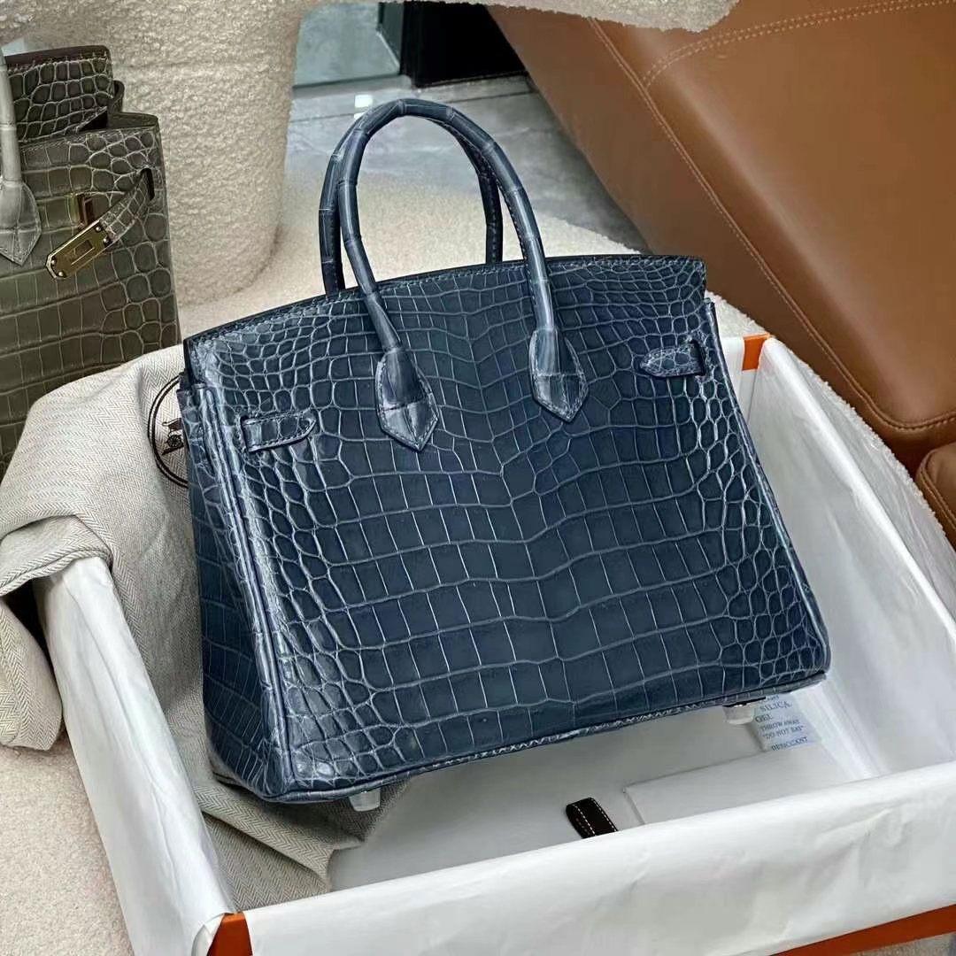 HERMES 爱马仕 铂金包 Birkin 25CM Alligator 美洲鳄 N7 Bleu Tempete风暴蓝 进口蜜蜡线 全手工制作