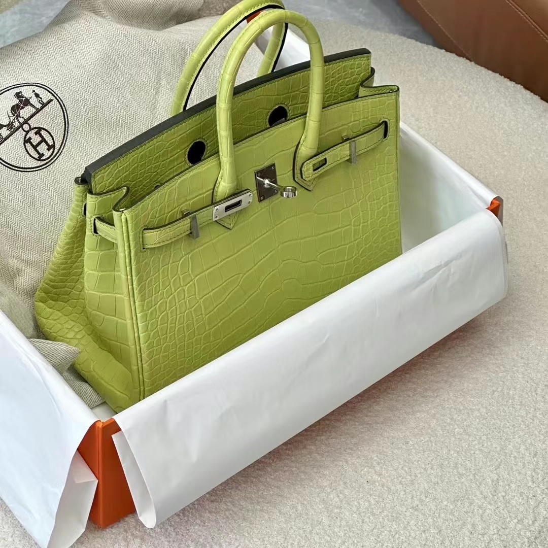 HERMES 爱马仕 Birkin 25CM Alligator 美洲鳄 9R Lime 青柠色 进口蜜蜡线 全手工制作