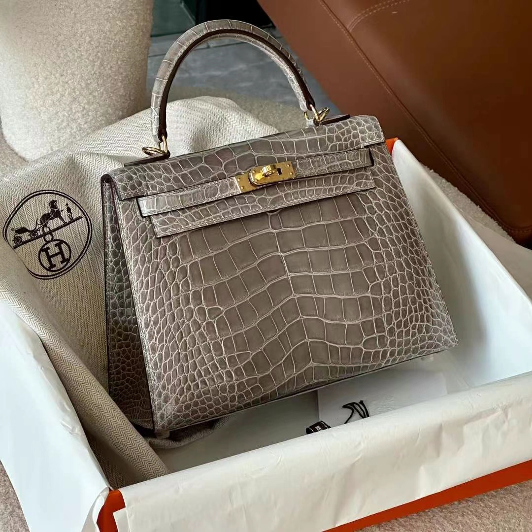 HERMES 爱马仕 Kelly 25CM Alligator 美洲鳄 8C Gri Elephant 大象灰 进口蜜蜡线 全手工制作