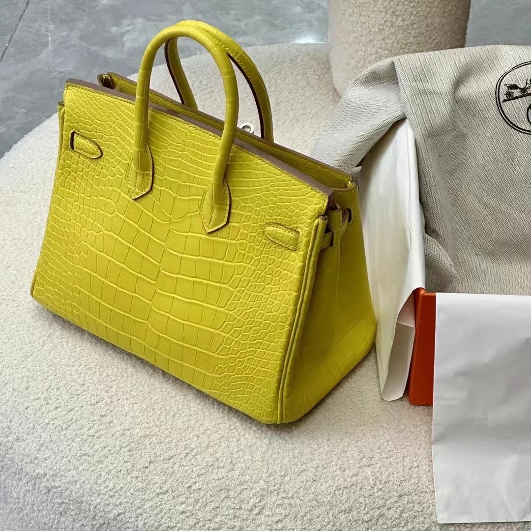 HERMES 爱马仕 Birkin 25CM Alligator 美洲鳄 9N Citron 柠檬黄 进口蜜蜡线 全手工制作