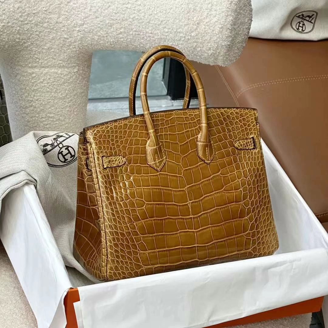 HERMES 爱马仕 铂金包 Birkin 25CM Alligator 美洲鳄 28 Caremel焦糖色 进口蜜蜡线 全手工制作