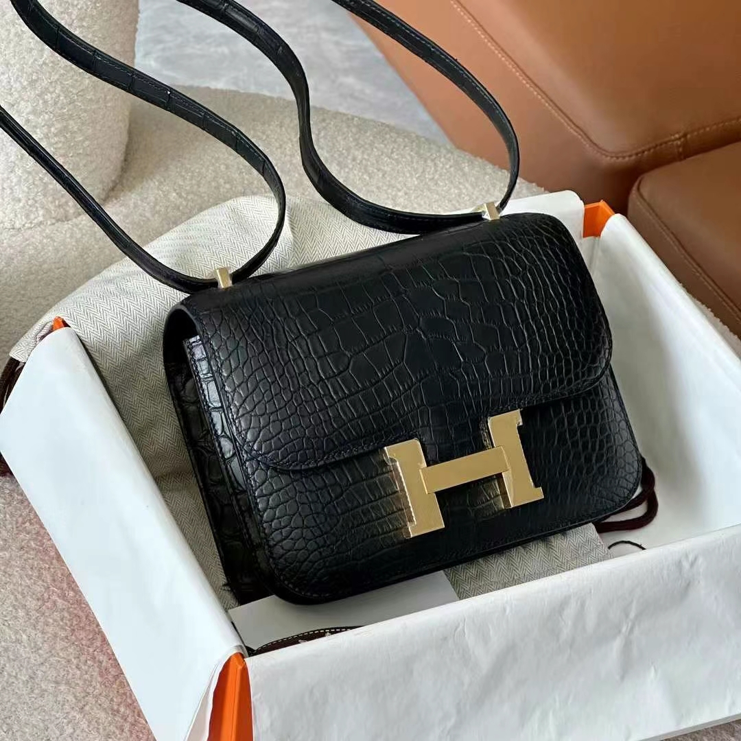 HERMES 爱马仕 Constance 19CM Alligator 美洲鳄 89 Nior 经典黑 进口蜜蜡线 全手工制作