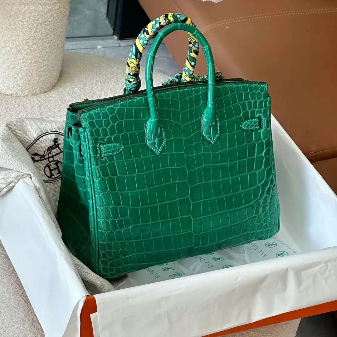 HERMES 爱马仕 铂金包 Birkin 25CM Alligator 美洲鳄 6Q Vert Emeraude 翡翠绿 进口蜜蜡线 全手工制作