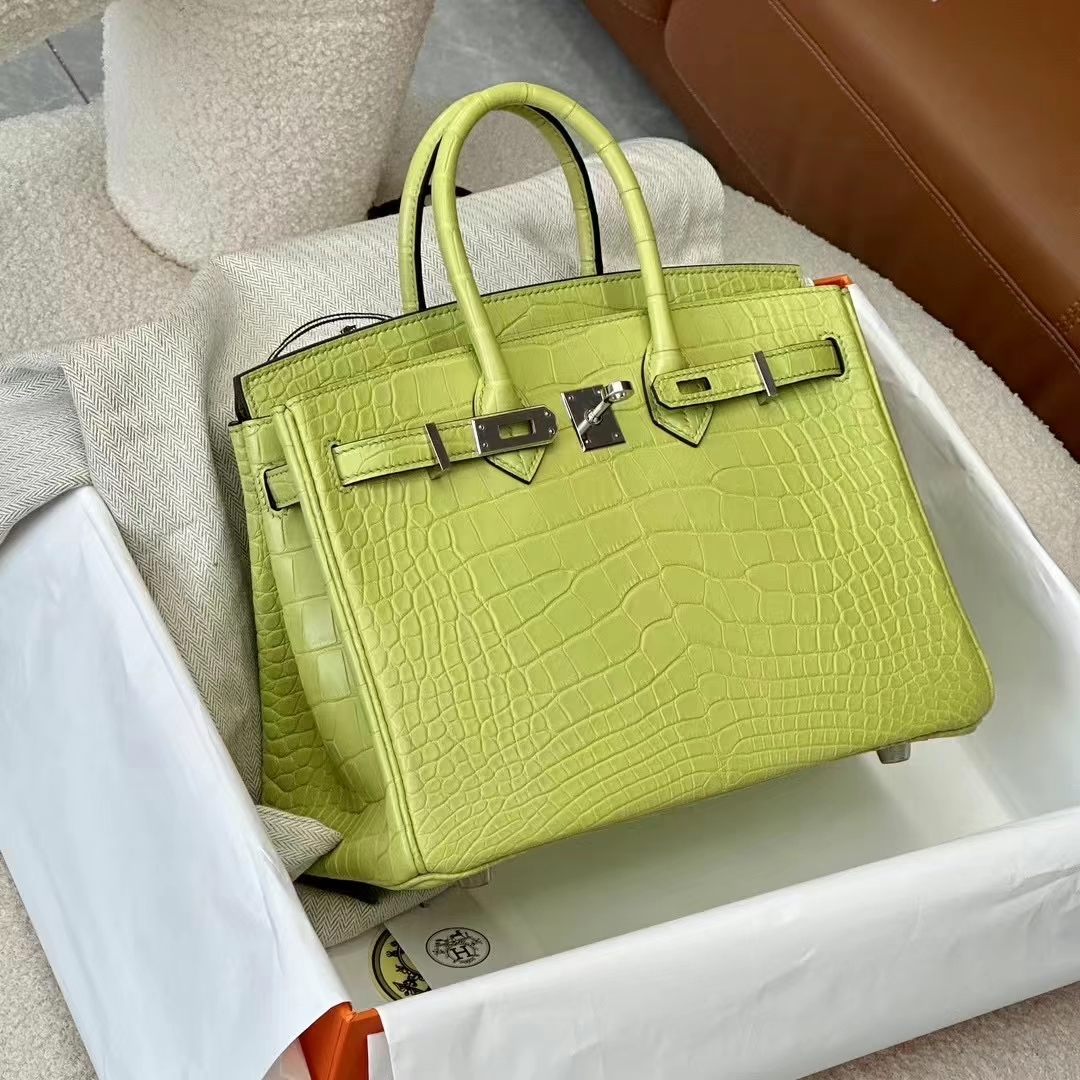 HERMES 爱马仕 Birkin 25CM Alligator 美洲鳄 9R Lime 青柠色 进口蜜蜡线 全手工制作