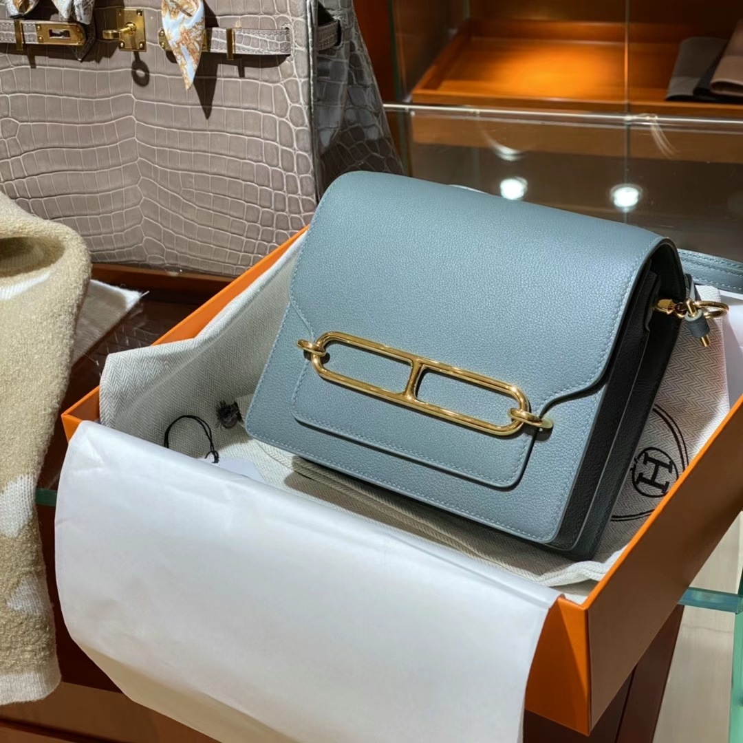 HERMES 爱马仕 猪鼻子包 Roulis 18cm J7 Bleu Un 亚麻蓝 进口蜜蜡线 全手工制作-铂金女王 HERMES 爱马仕 猪鼻子包 Roulis 18cm J7 Bleu Un 亚麻蓝 进口蜜蜡线 全手工制作
