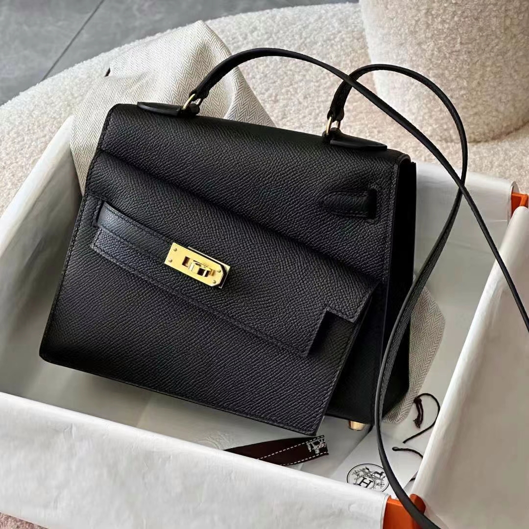 HERMES 爱马仕 Kelly Desorder 双面Kelly Epsom Box 89 Nior经典黑 进口蜜蜡线 全手工制作-铂金女王 HERMES 爱马仕 Kelly Desorder 双面Kelly Epsom Box 89 Nior经典黑 进口蜜蜡线 全手工制作