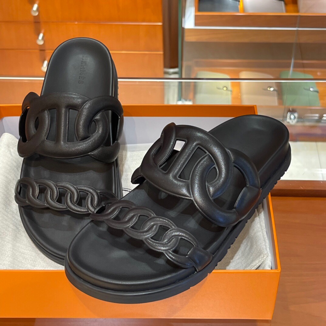 HERMES 爱马仕 猪鼻子拖鞋 34-41码 原厂同步 进口真皮大底 全手工制作 89 Nior经典黑