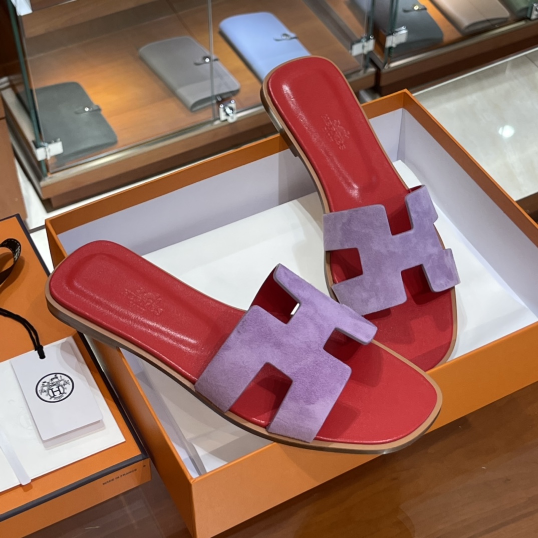 HERMES 爱马仕 H拖鞋 34-41码 原厂同步 进口真皮大底 全手工制作 S5 Rouge Tomate 法拉利红拼96 violet紫罗兰